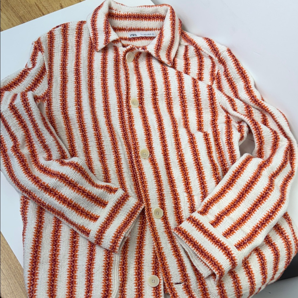 Zara White and Orange Striped Knit Shirt Jacket